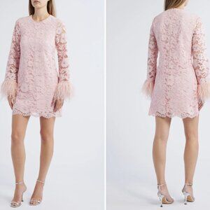 Likely Lorie Feather Trim Long Sleeve Lace Mini Dress in Rose Shadow NWT